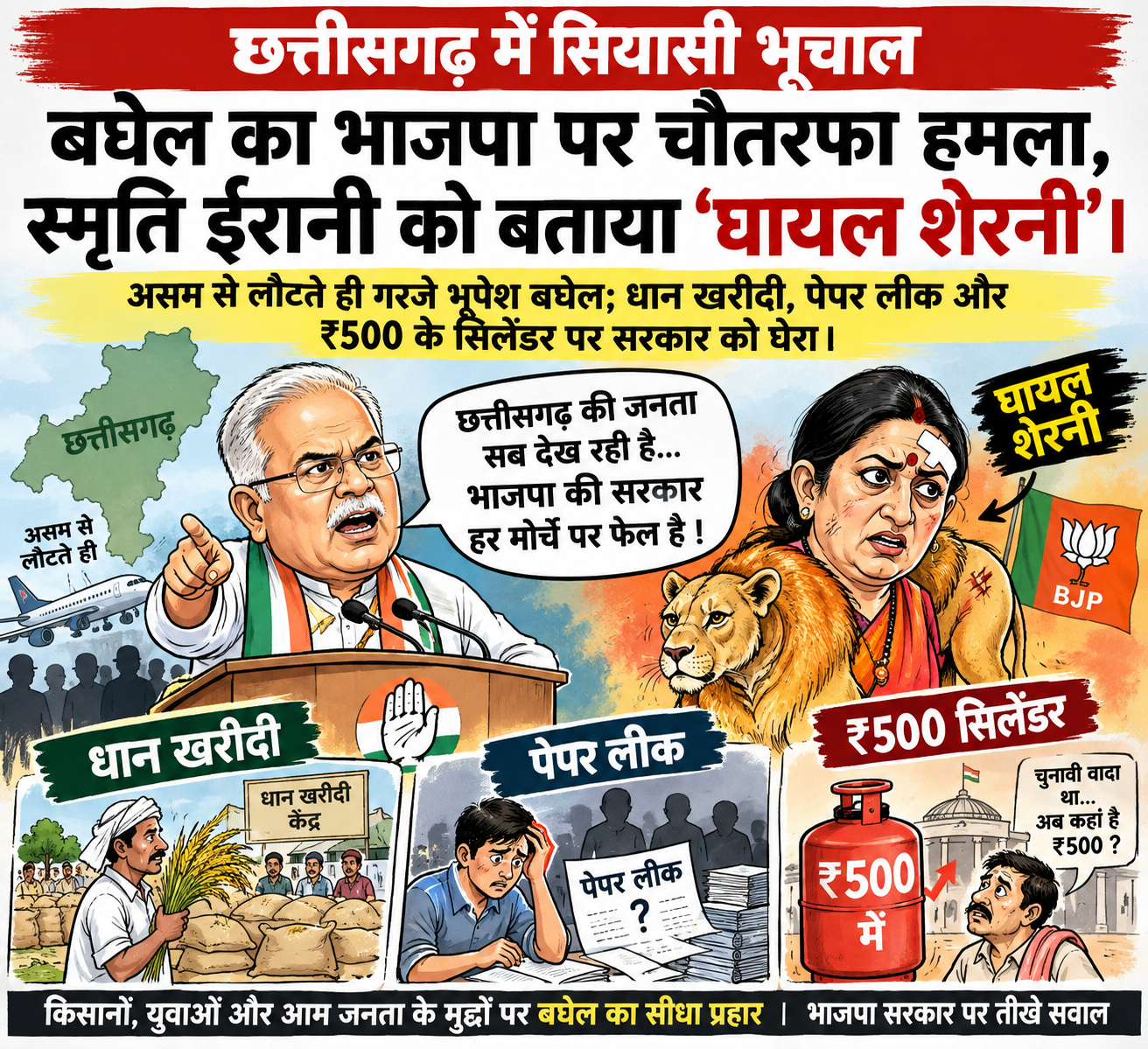 <p><strong>छत्तीसगढ़ में सियासी भूचाल: बघेल का भाजपा पर चौतरफा हमला, स्मृति ईरानी को बताया ‘घायल शेरनी’।</strong></p>