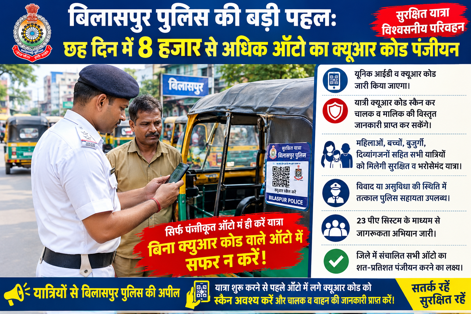 <p>बिलासपुर पुलिस की बड़ी पहल: छह दिन में 8 हजार से अधिक ऑटो का क्यूआर कोड पंजीयन</p>